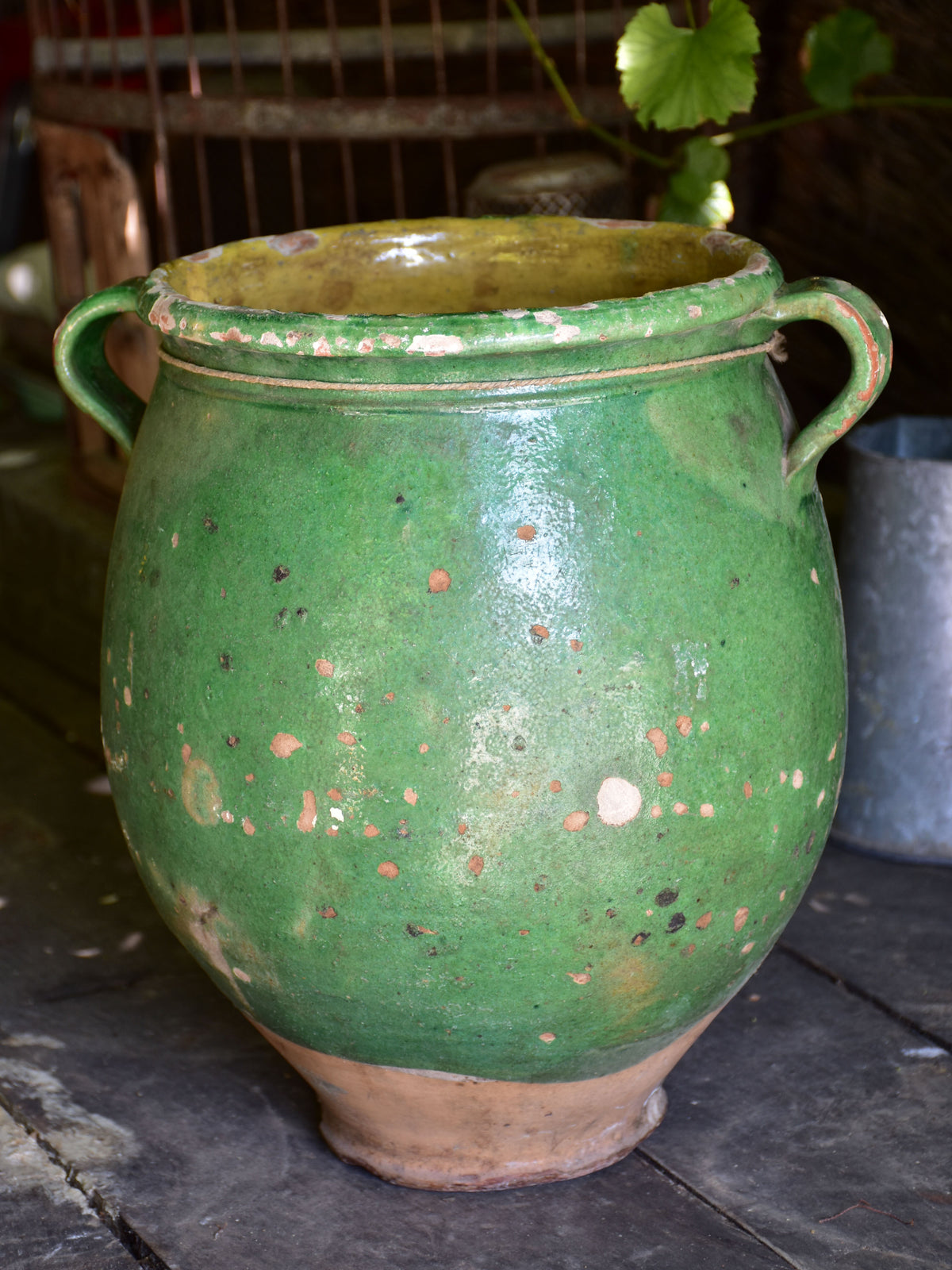 Very large green glazed French preserving pot