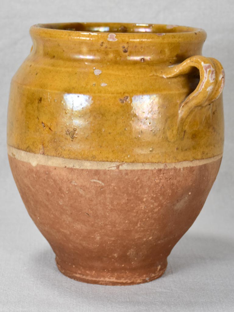 Antique French confit pot with yellow / orange glaze 8¾"