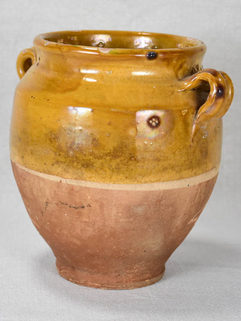 Antique French confit pot with yellow / orange glaze 8¾"