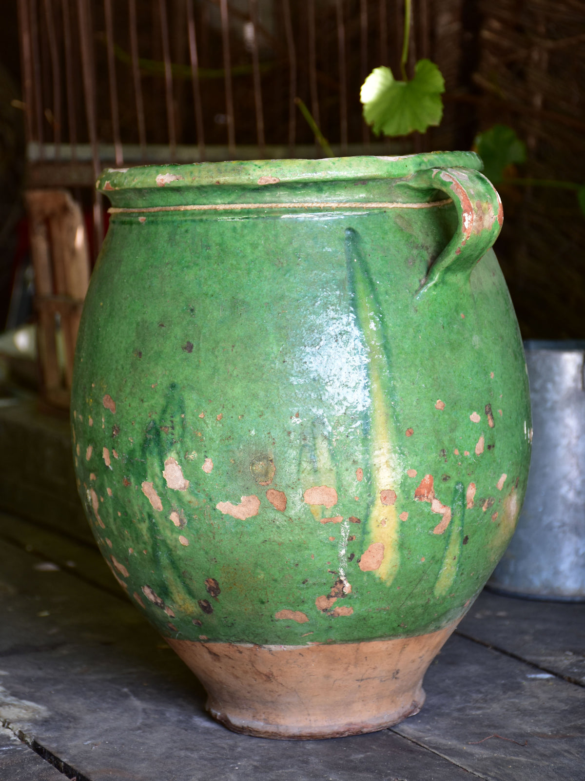 Very large green glazed French preserving pot