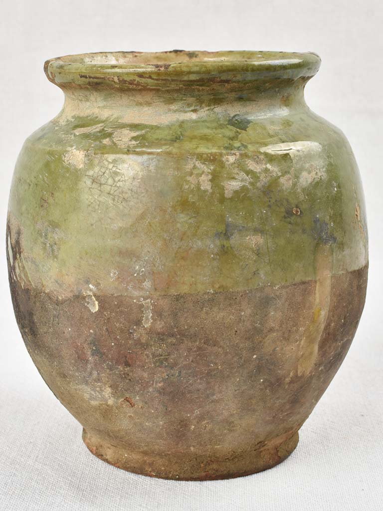 Small antique confit pot with green glaze, no handles 7½"