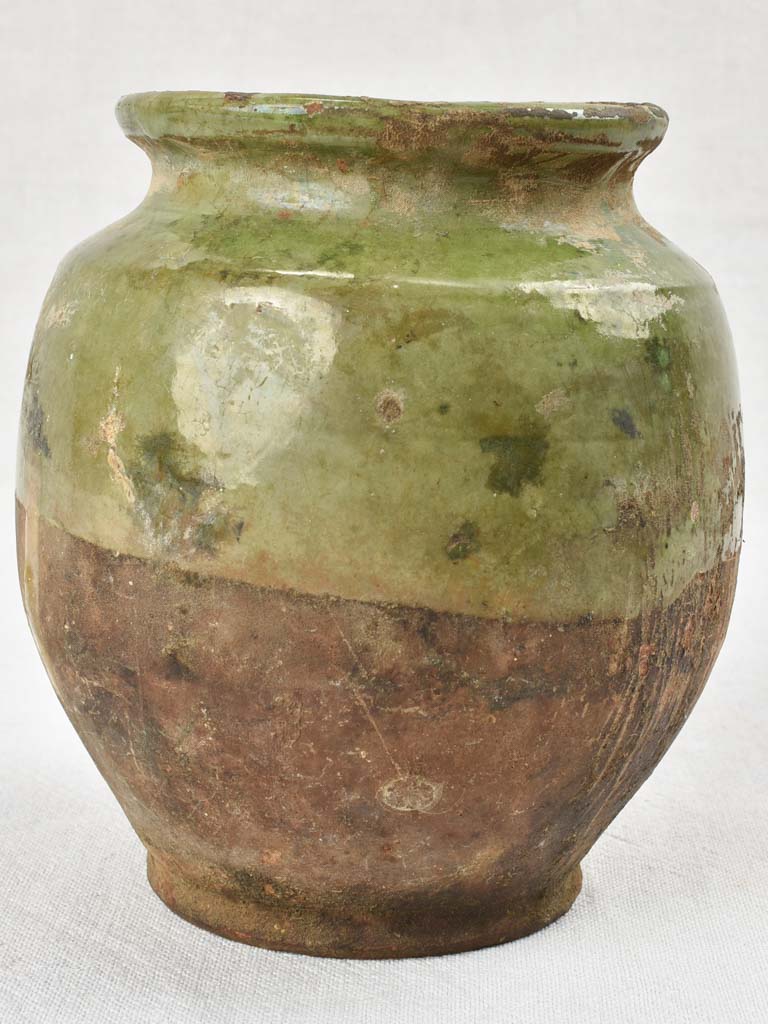 Small antique confit pot with green glaze, no handles 7½"