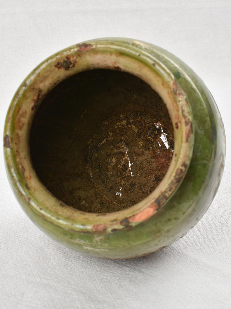 Small antique confit pot with green glaze, no handles 7½"