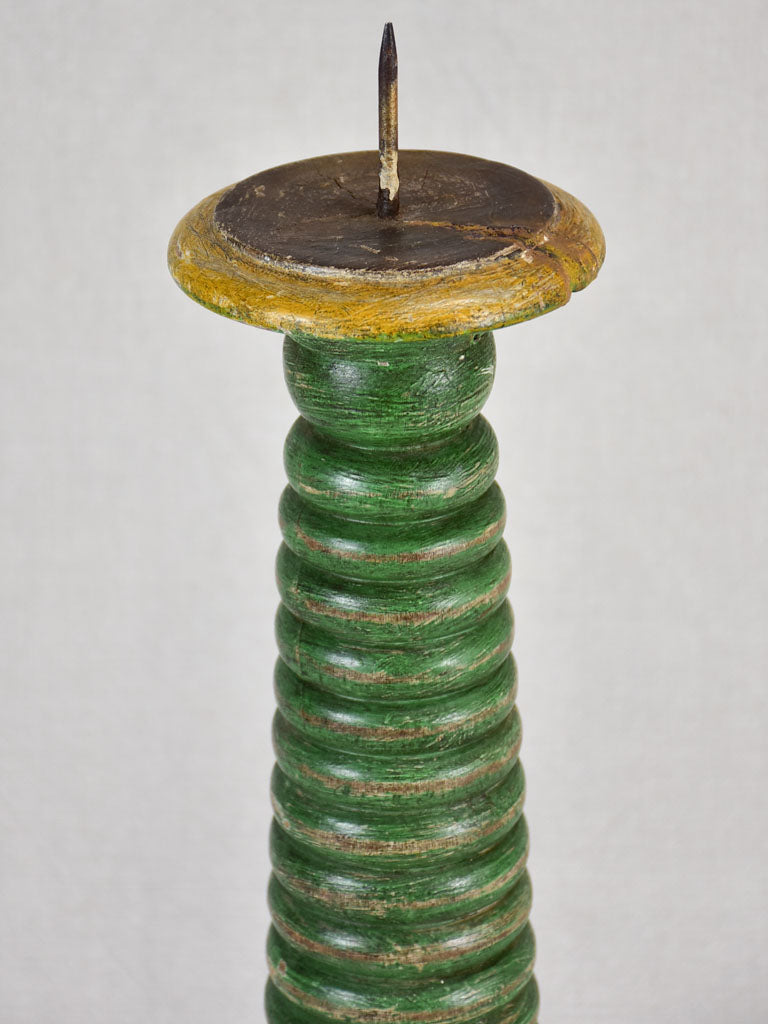 Large 18th-century wooden candlestick with green patina 21¼"