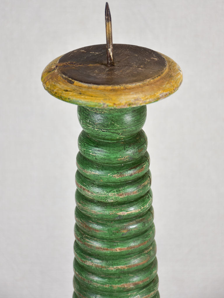 Large 18th-century wooden candlestick with green patina 21¼"