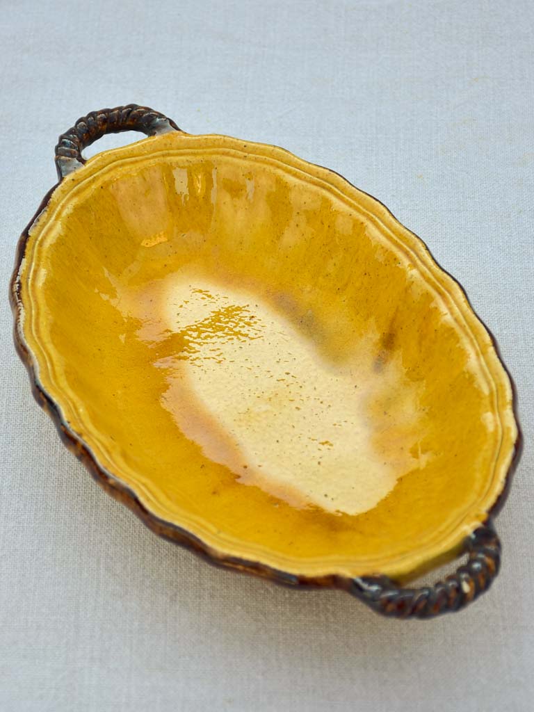 Small vintage Dieulefit oval plate with two handles - ocher and brown 12½" x 7½"