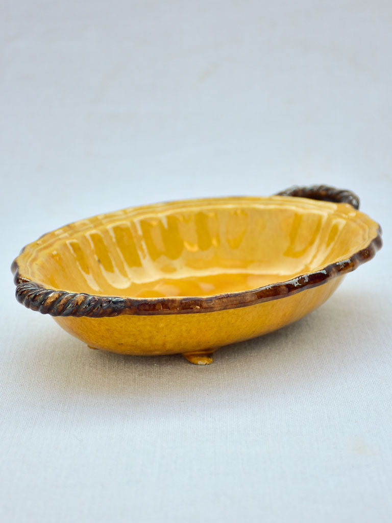 Small vintage Dieulefit oval plate with two handles - ocher and brown 12½" x 7½"