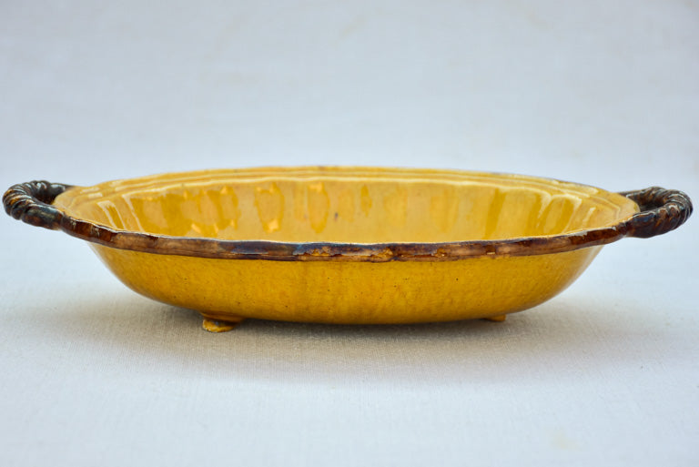 Small vintage Dieulefit oval plate with two handles - ocher and brown 12½" x 7½"