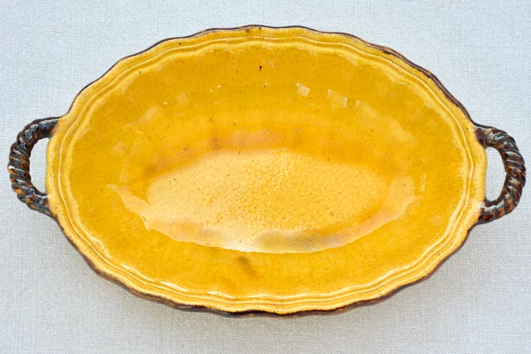 Small vintage Dieulefit oval plate with two handles - ocher and brown 12½" x 7½"