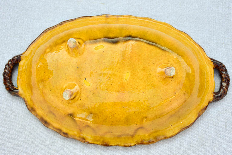 Small vintage Dieulefit oval plate with two handles - ocher and brown 12½" x 7½"