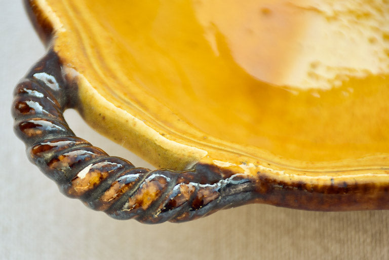Small vintage Dieulefit oval plate with two handles - ocher and brown 12½" x 7½"