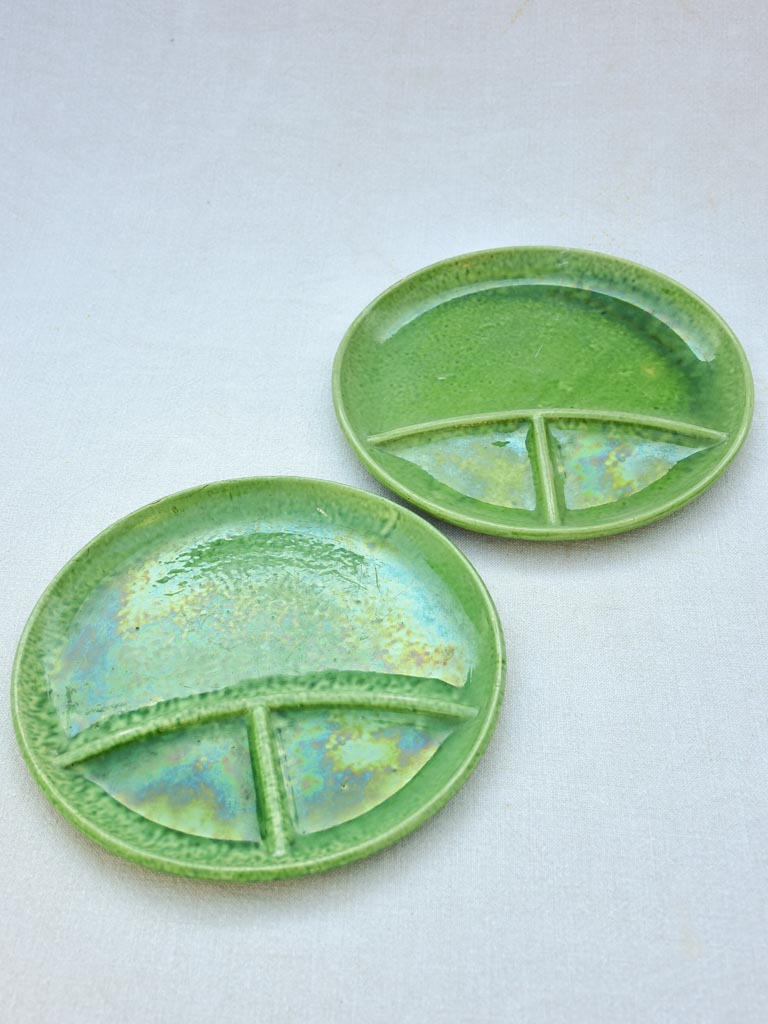 Pair of green-glazed Dieulefit aperitif plates 11"