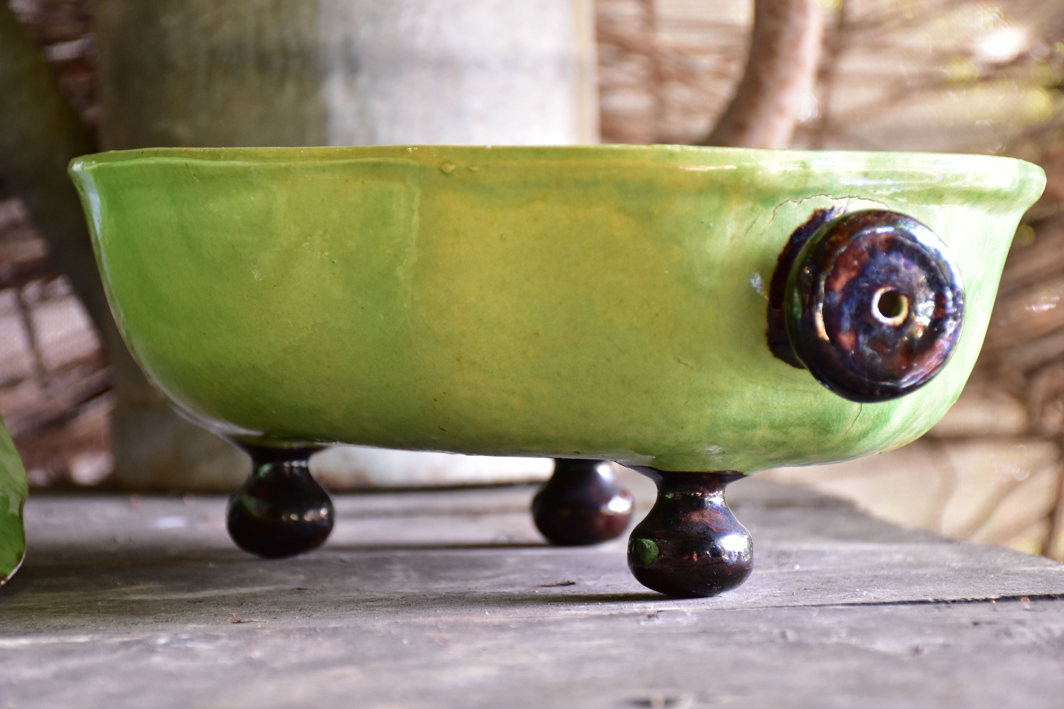 Large antique soup tureen with green glaze from Dieulefit