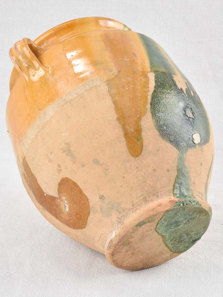 Antique French confit pot with yellow & green glaze 11"