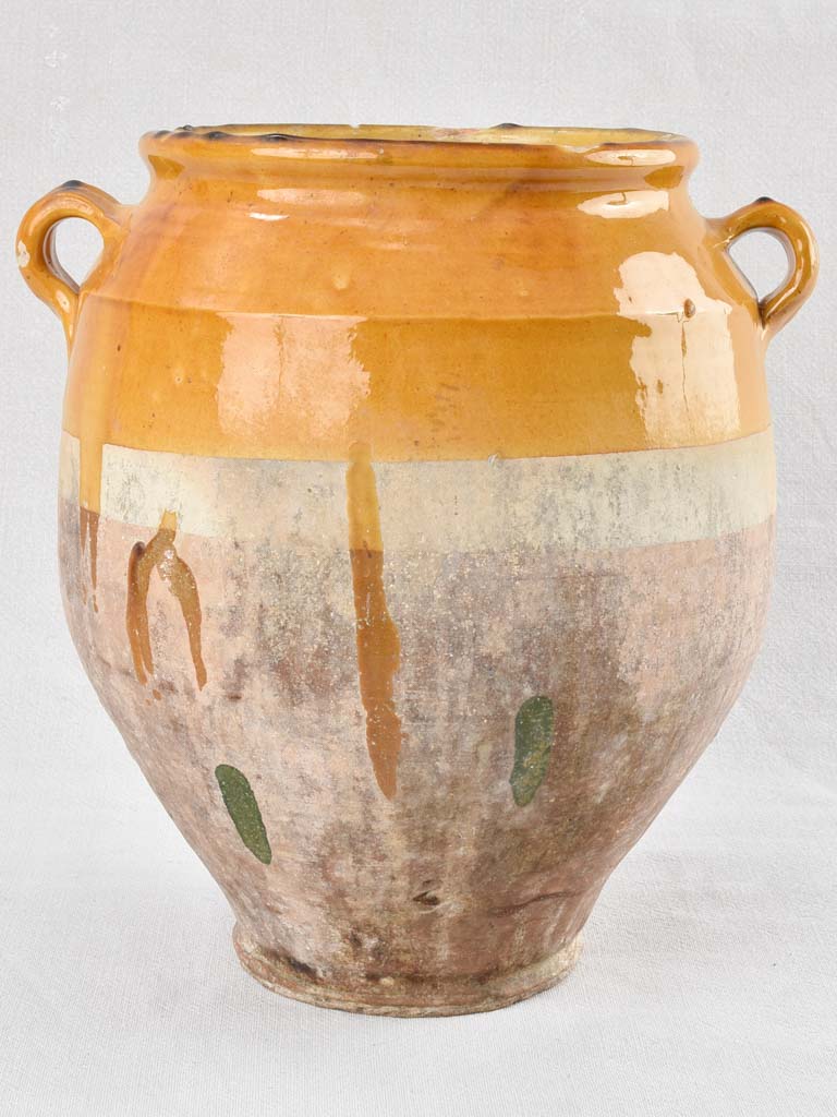 Large Antique French confit pot with yellow glaze 13½"