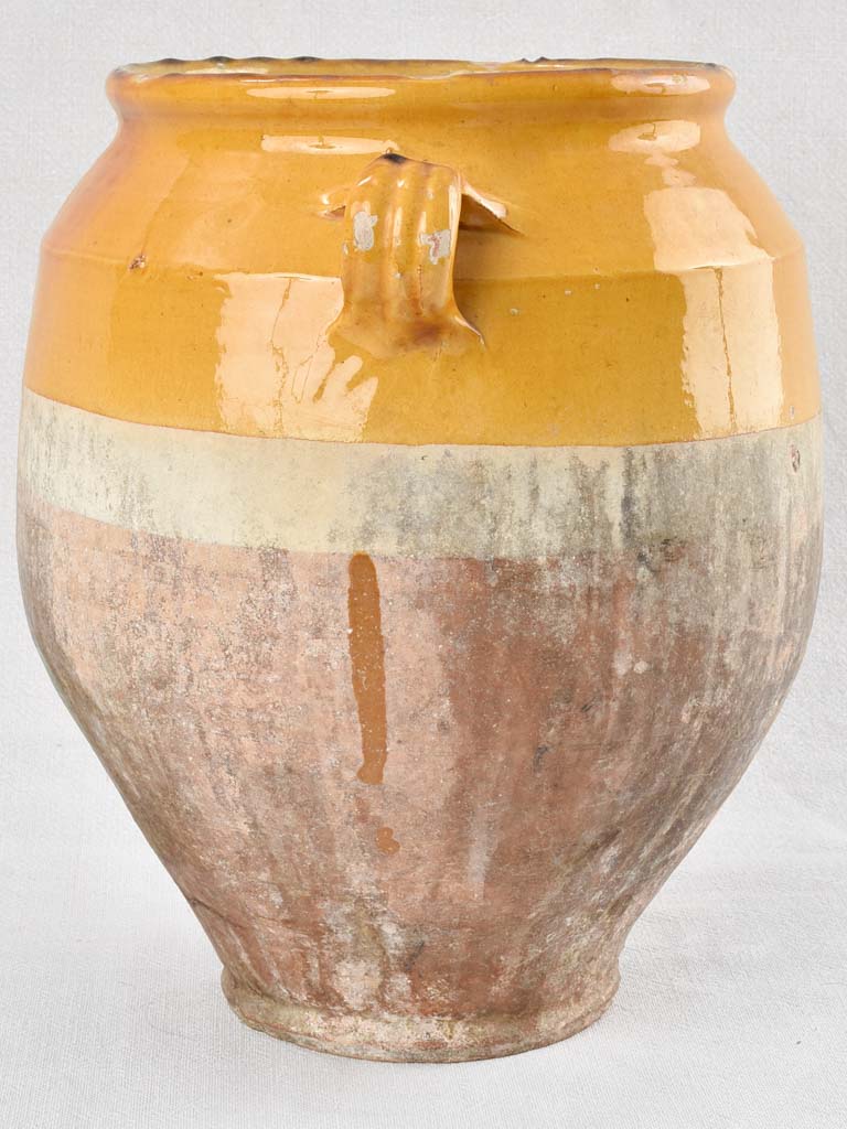 Large Antique French confit pot with yellow glaze 13½"