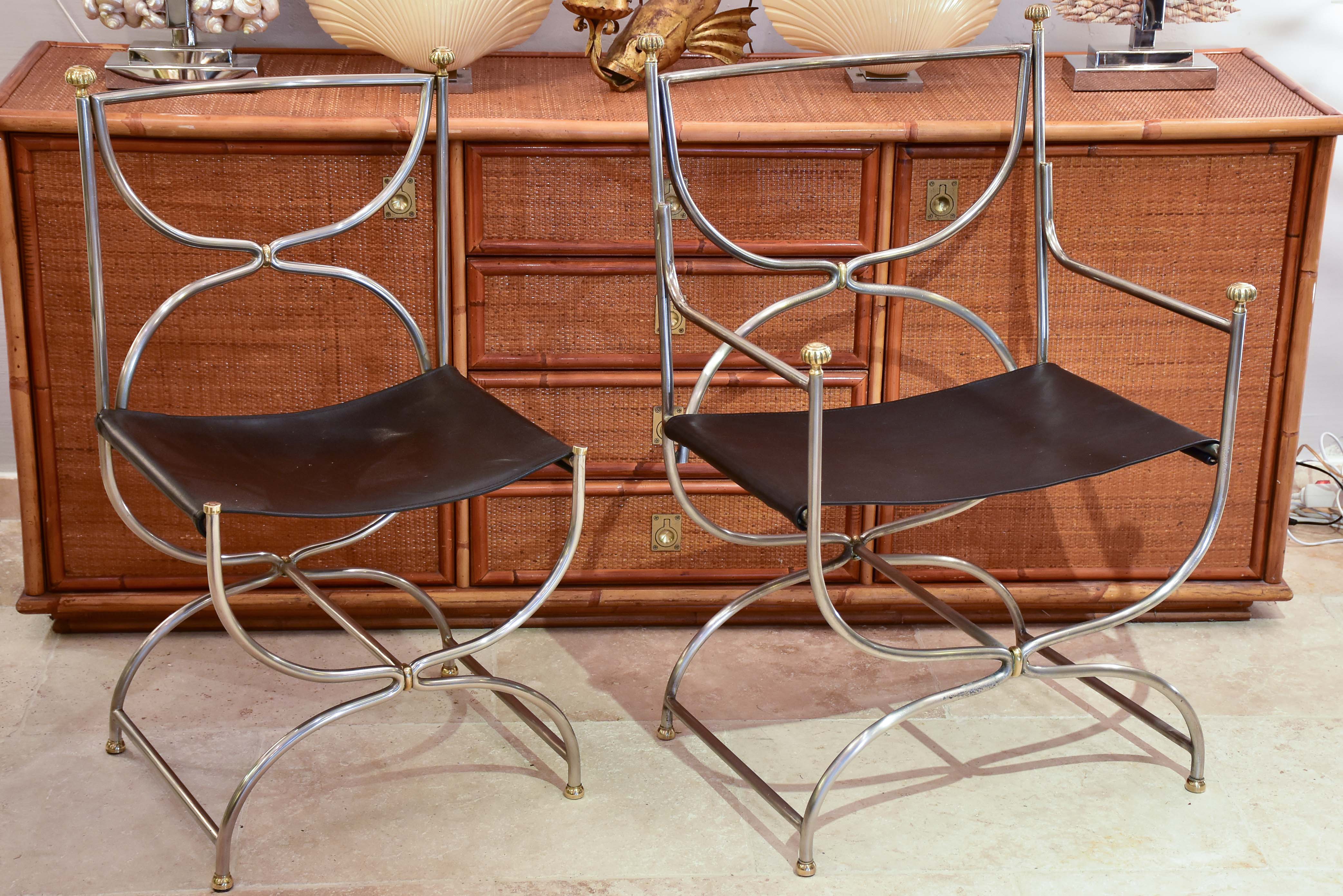 Six mid century French armchairs with black leather