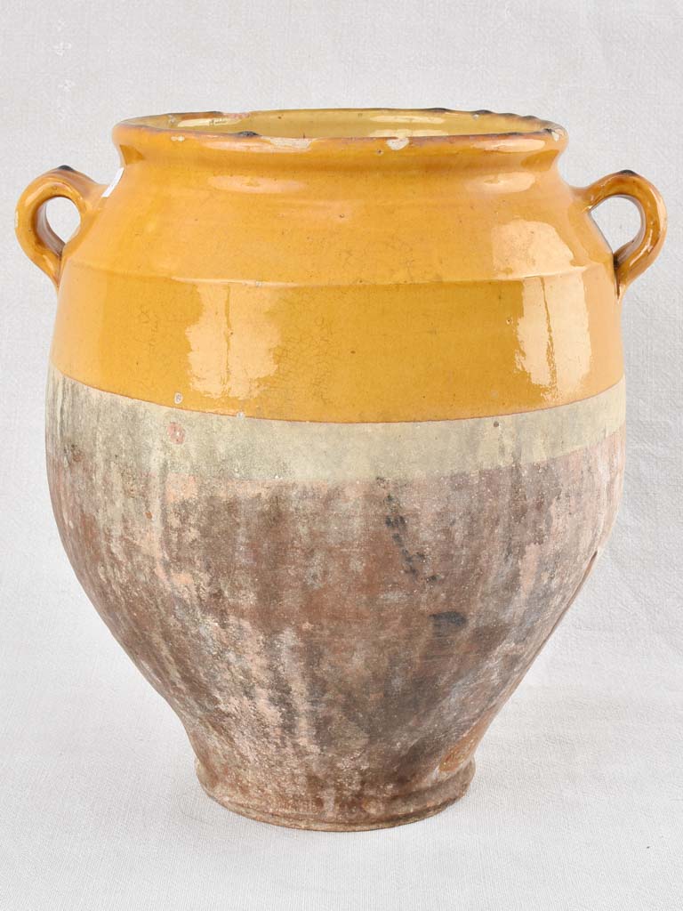 Large Antique French confit pot with yellow glaze 13½"