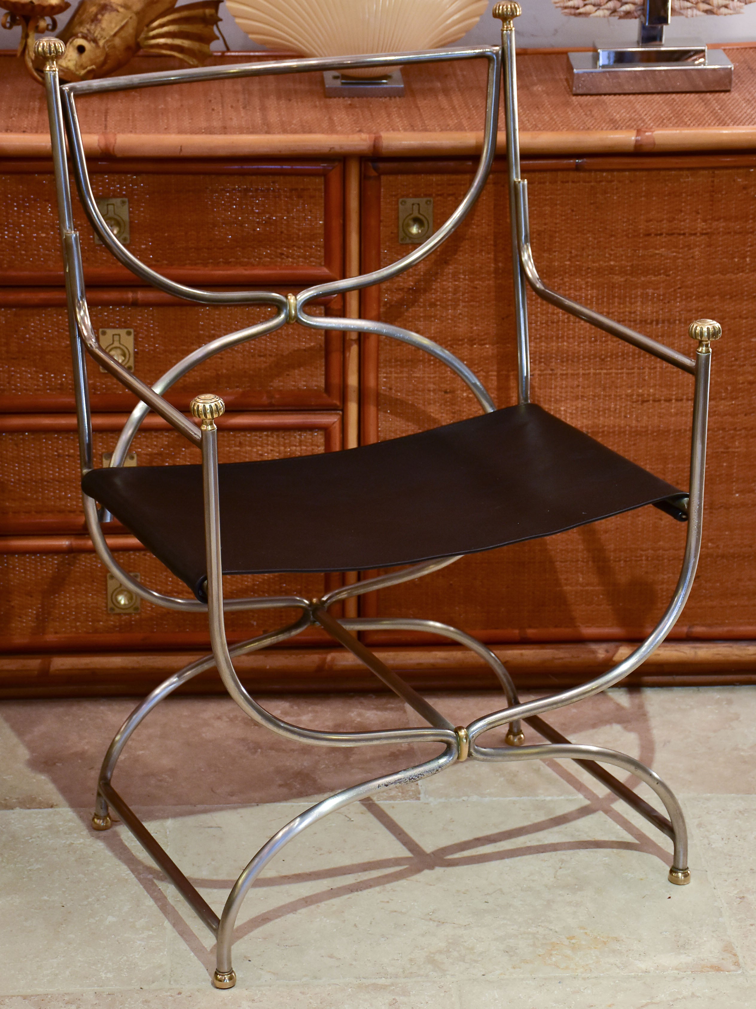 Six mid century French armchairs with black leather
