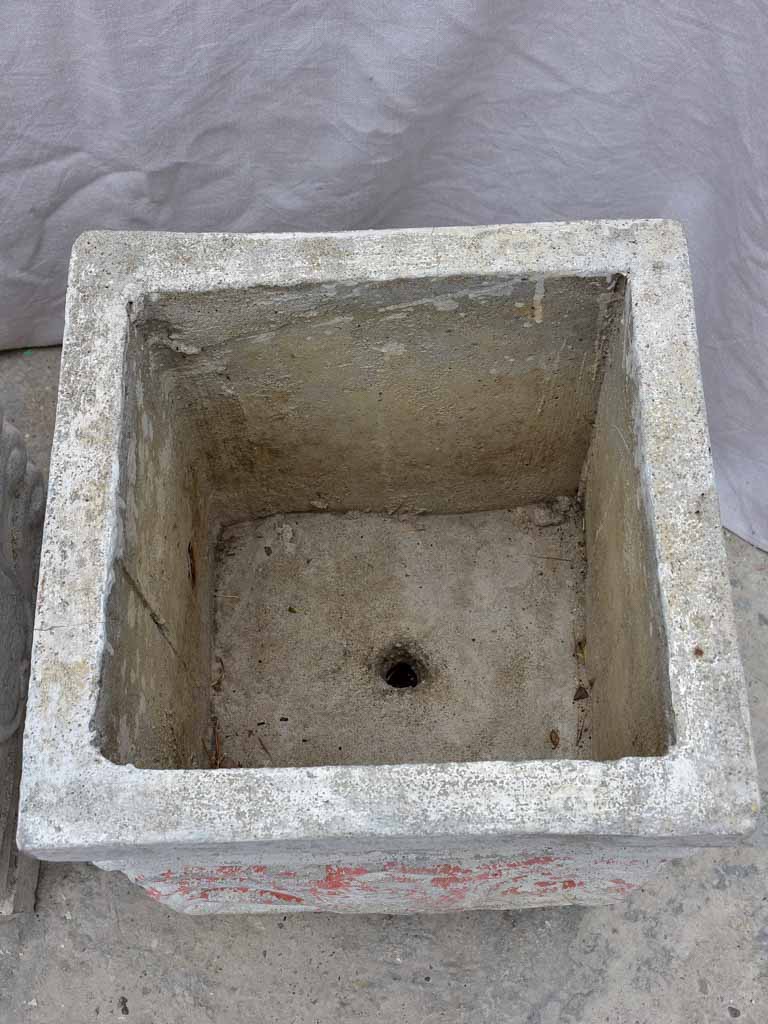 Pair of square concrete planters with white, grey and red patina 21¼"
