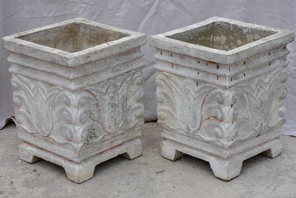 Pair of square concrete planters with white, grey and red patina 21¼"
