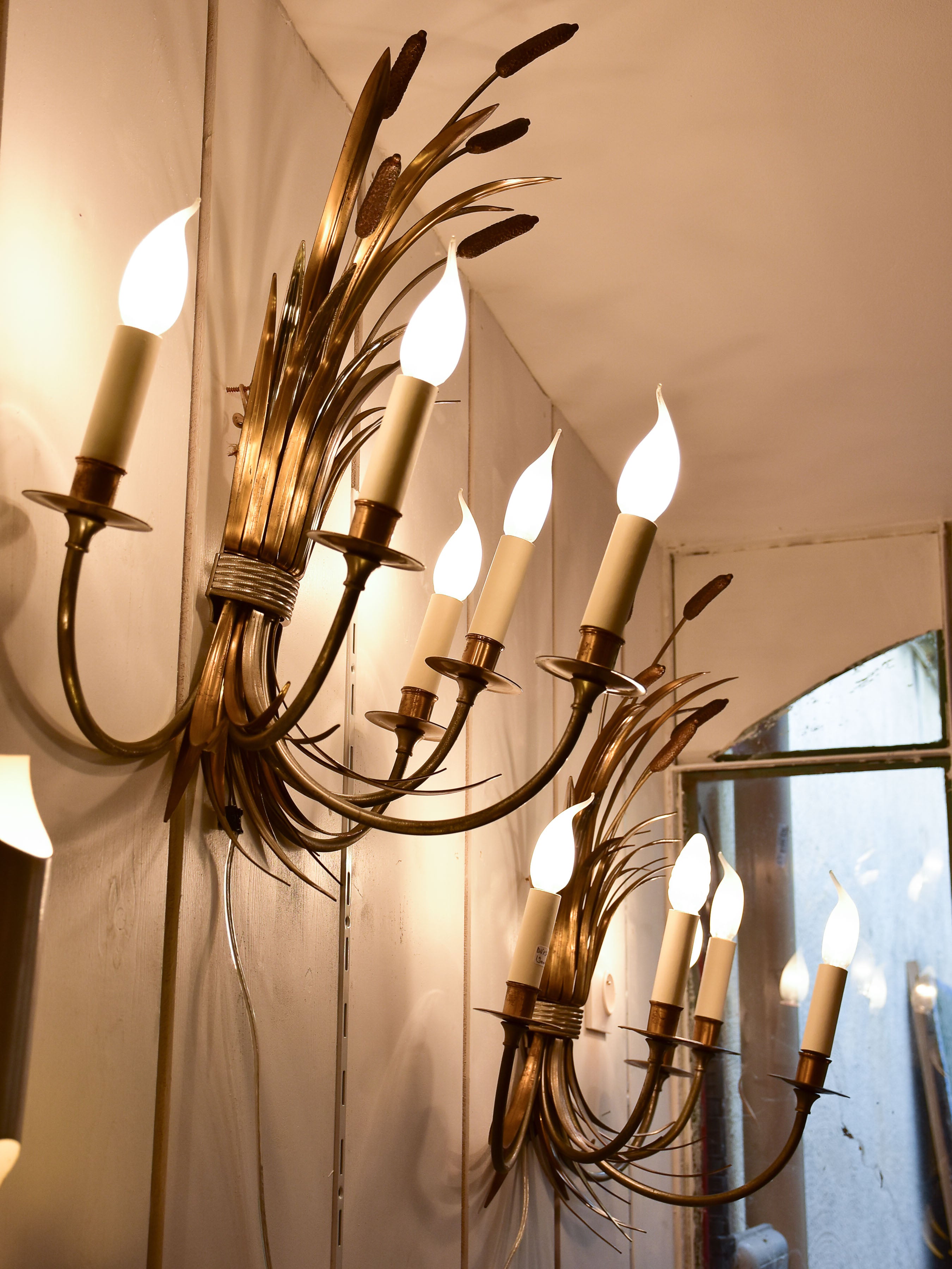 RESERVED Pair of large Maison Charles wall sconces - bullrush
