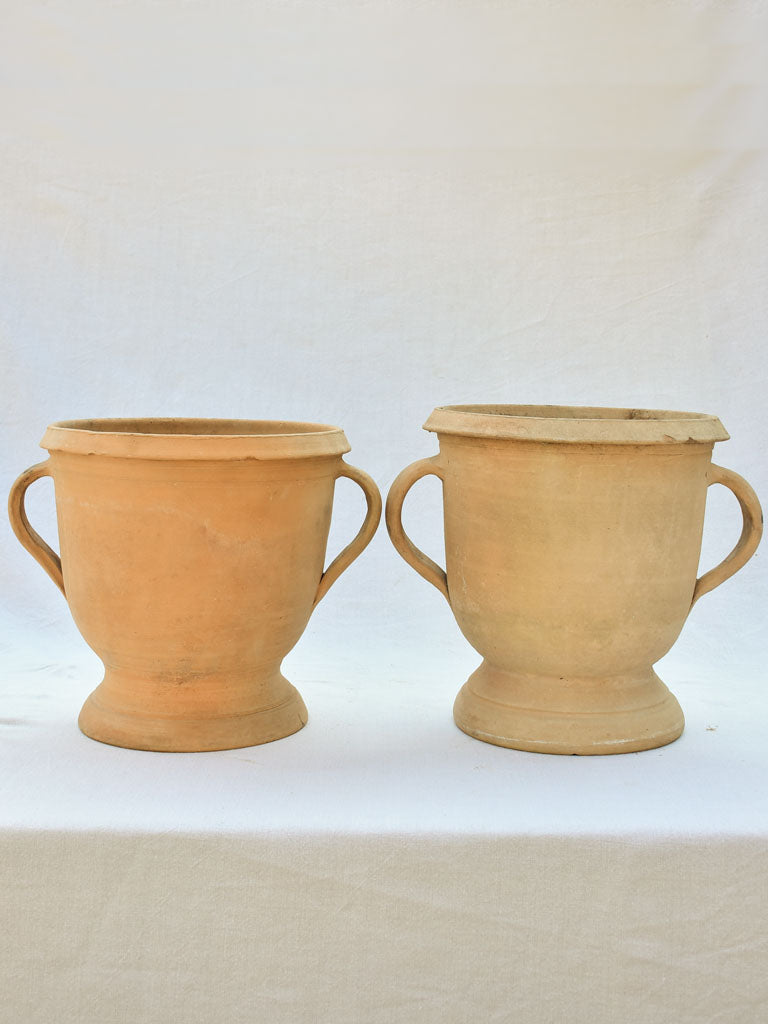 Small pair of terracotta Castelnaudary planters with four handles - 1940's 15¼"