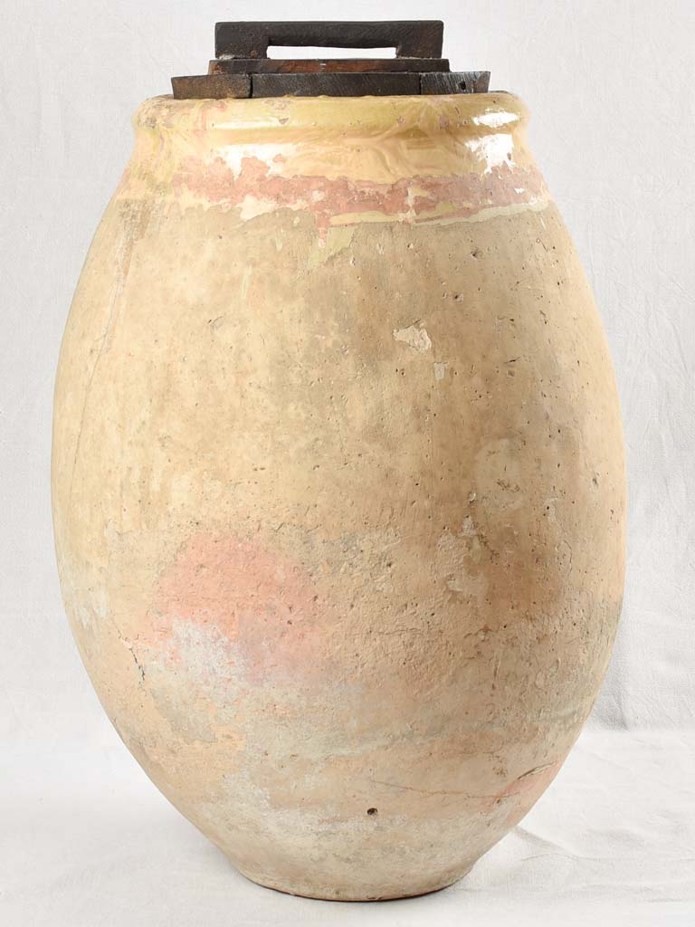 Large 18th century French oil jar from Biot with wooden lid 34¾"