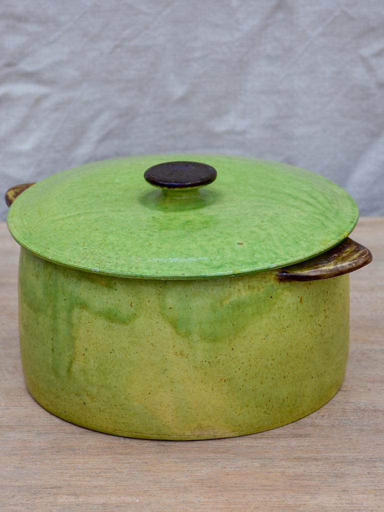 Antique French soup tureen from Dieulefit - green with burnt handles