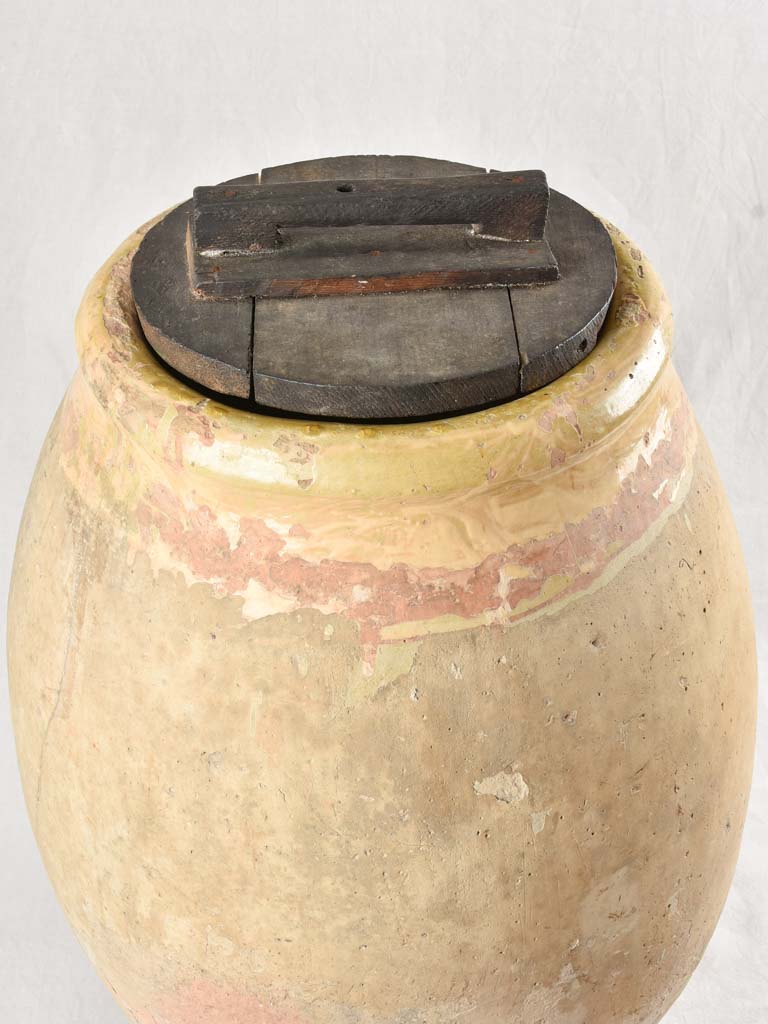 Large 18th century French oil jar from Biot with wooden lid 34¾"