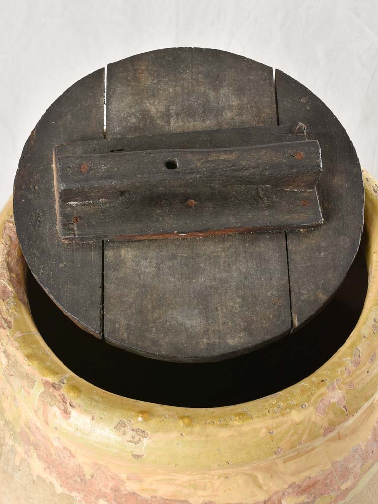 Large 18th century French oil jar from Biot with wooden lid 34¾"