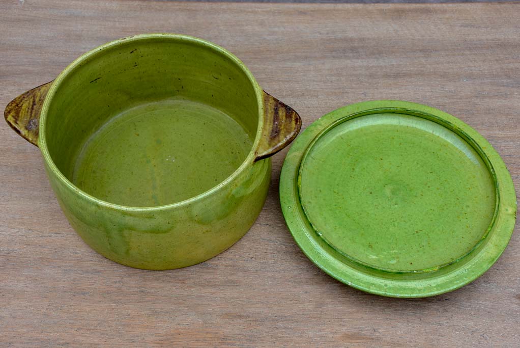 Antique French soup tureen from Dieulefit - green with burnt handles