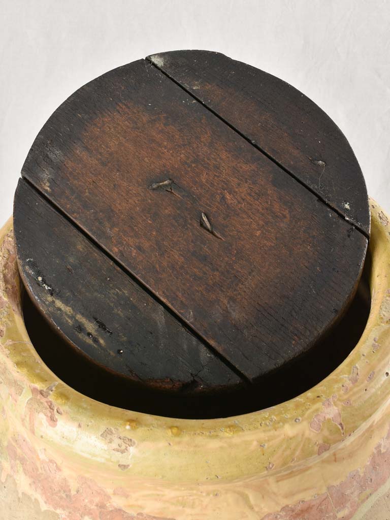 Large 18th century French oil jar from Biot with wooden lid 34¾"