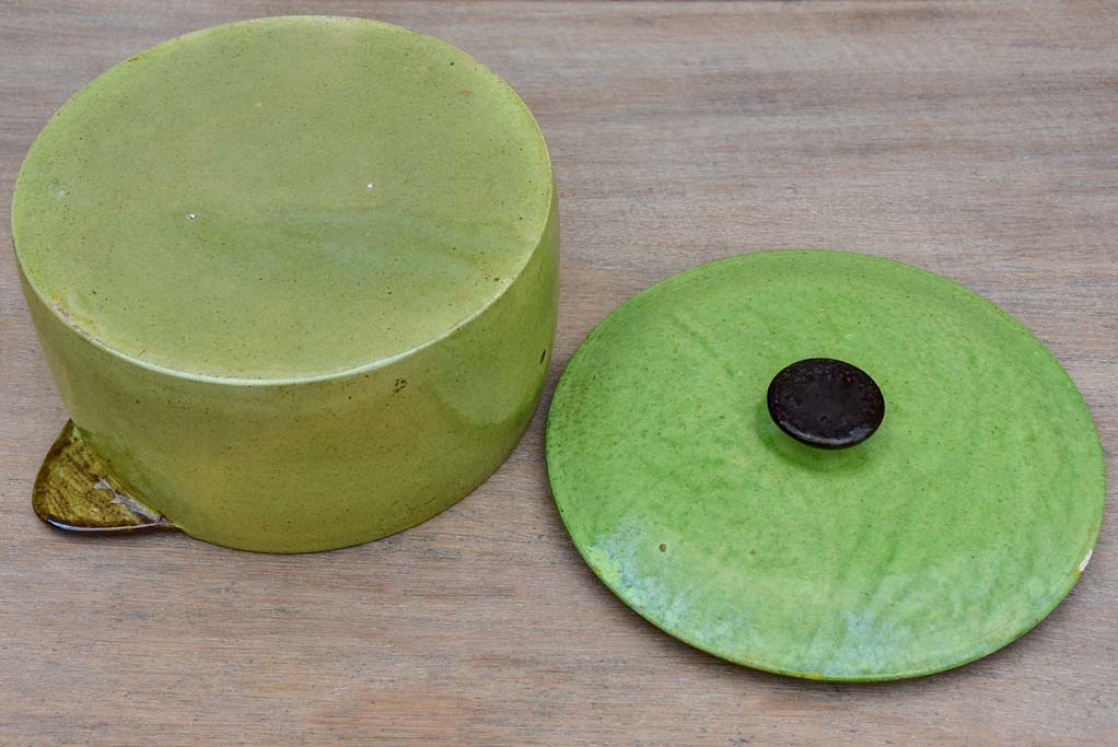 Antique French soup tureen from Dieulefit - green with burnt handles