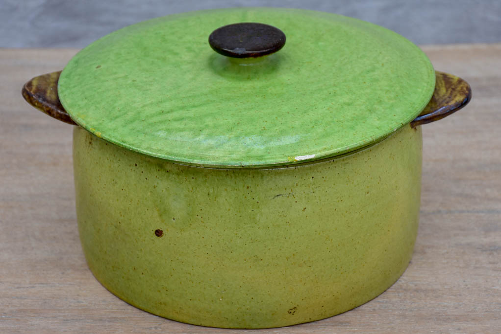 Antique French soup tureen from Dieulefit - green with burnt handles