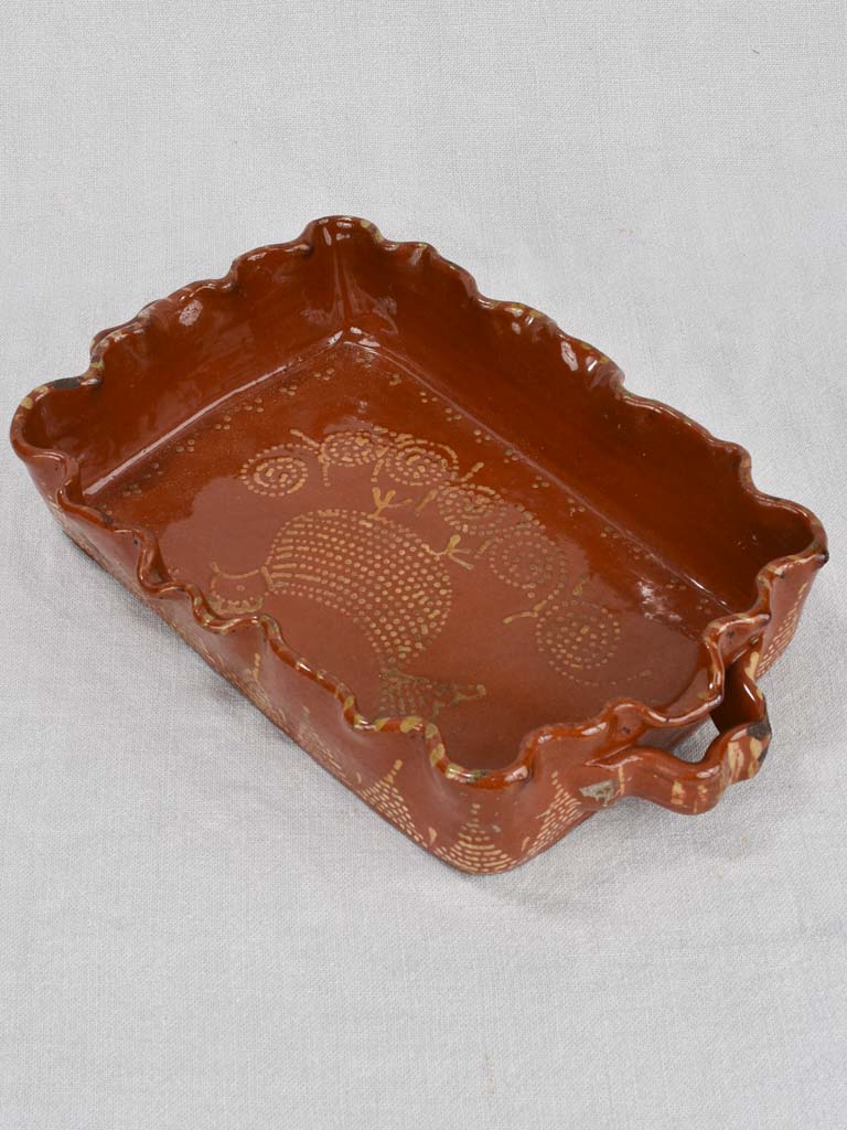 Baking dish, terracotta, rippled edge & bird design