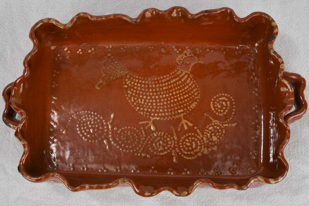 Baking dish, terracotta, rippled edge & bird design