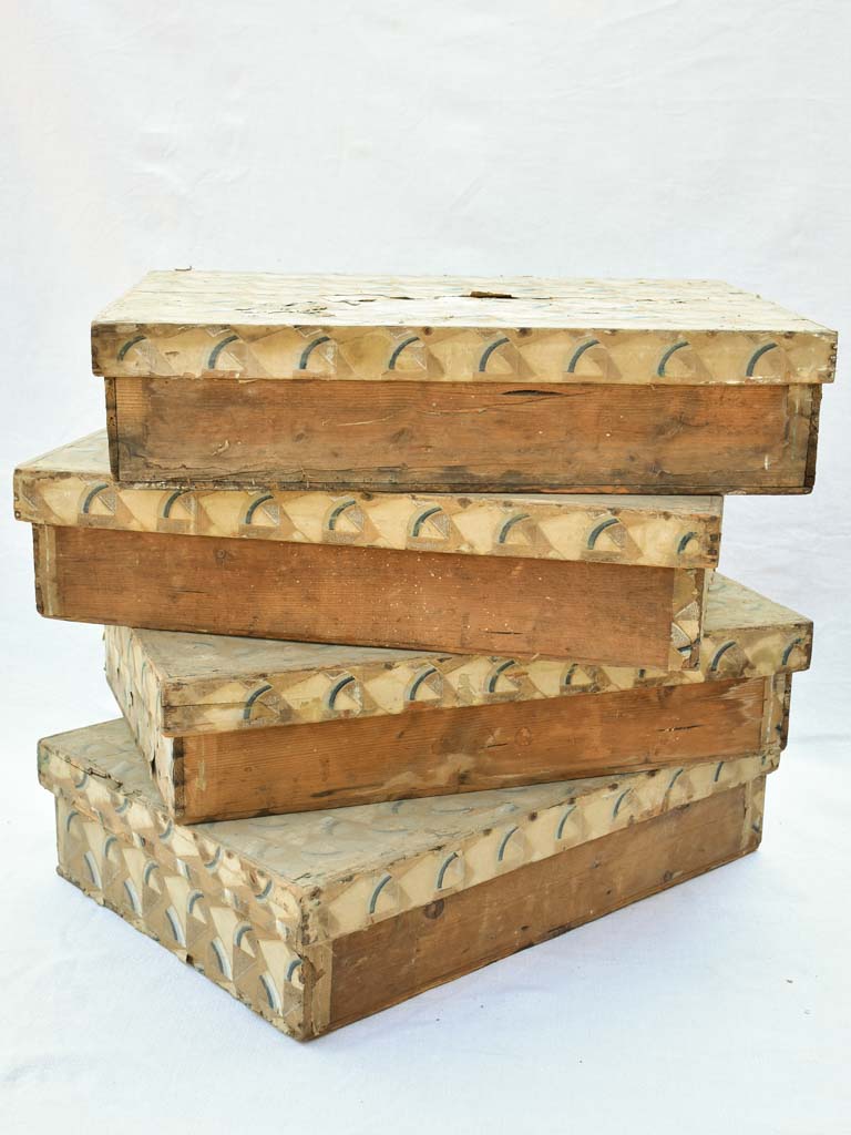 Four nineteenth century wooden boxes for storing fabric and textiles 18" x 26"