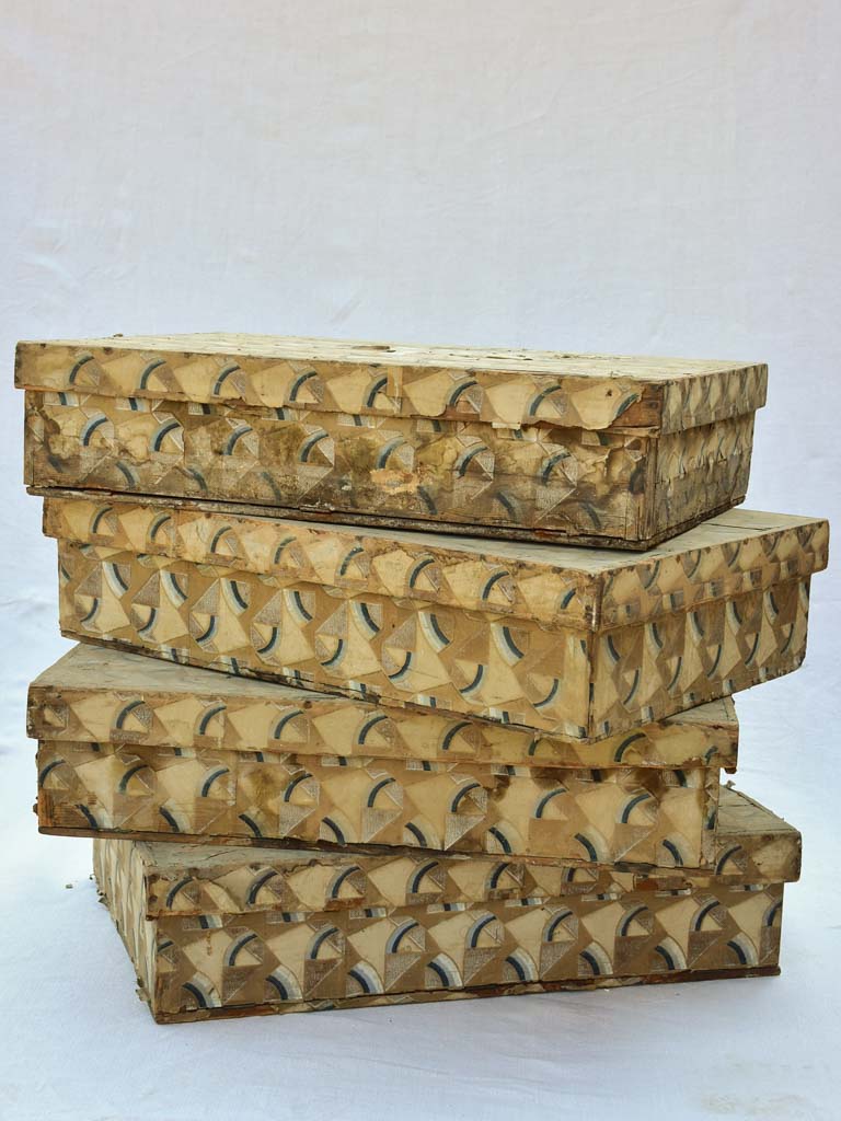 Four nineteenth century wooden boxes for storing fabric and textiles 18" x 26"
