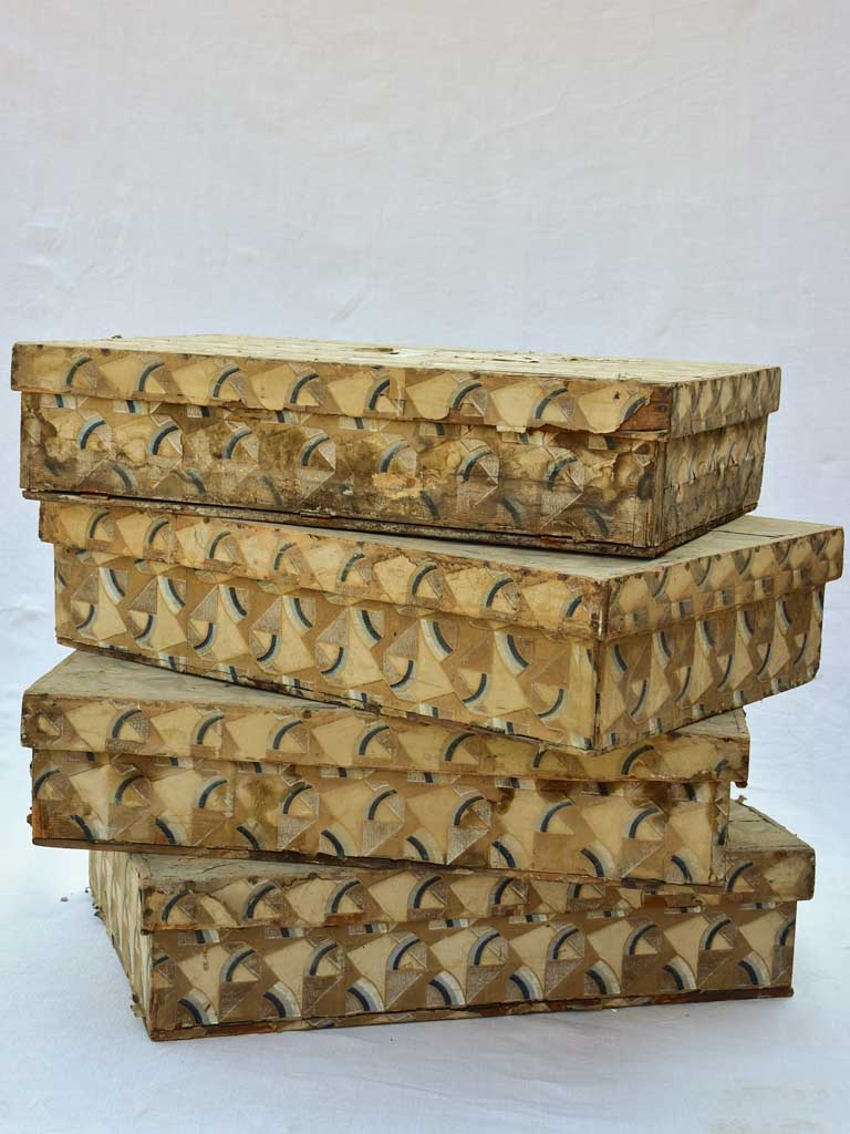 Four nineteenth century wooden boxes for storing fabric and textiles 18" x 26"
