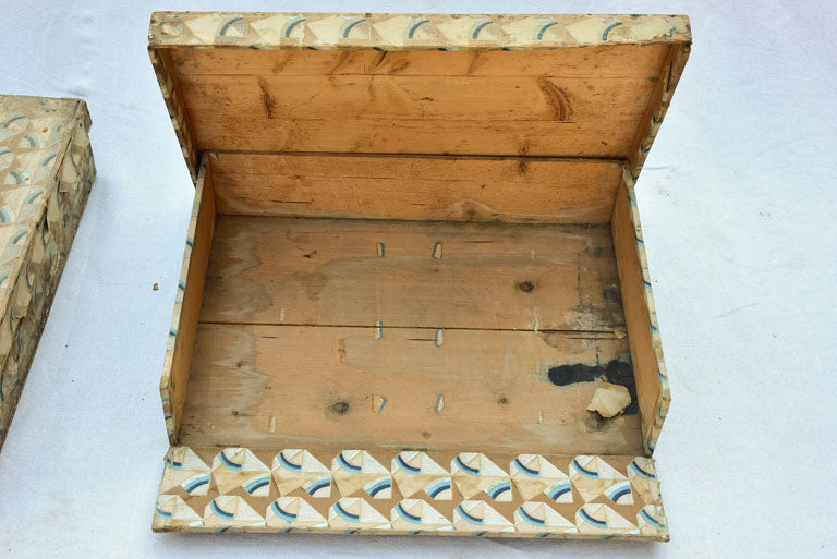 Four nineteenth century wooden boxes for storing fabric and textiles 18" x 26"