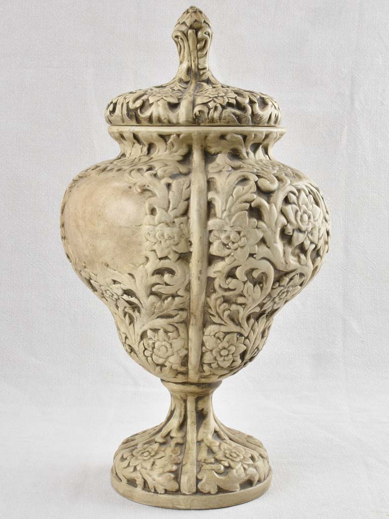 Pair of intricate Italian floral urns 19"