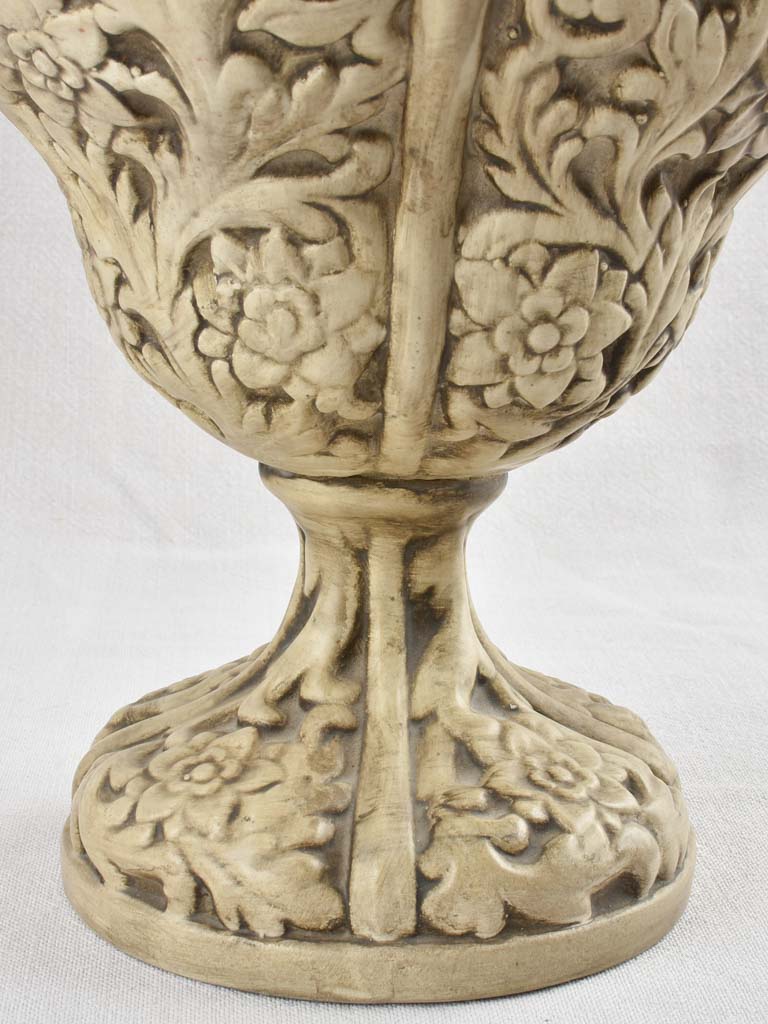 Pair of intricate Italian floral urns 19"