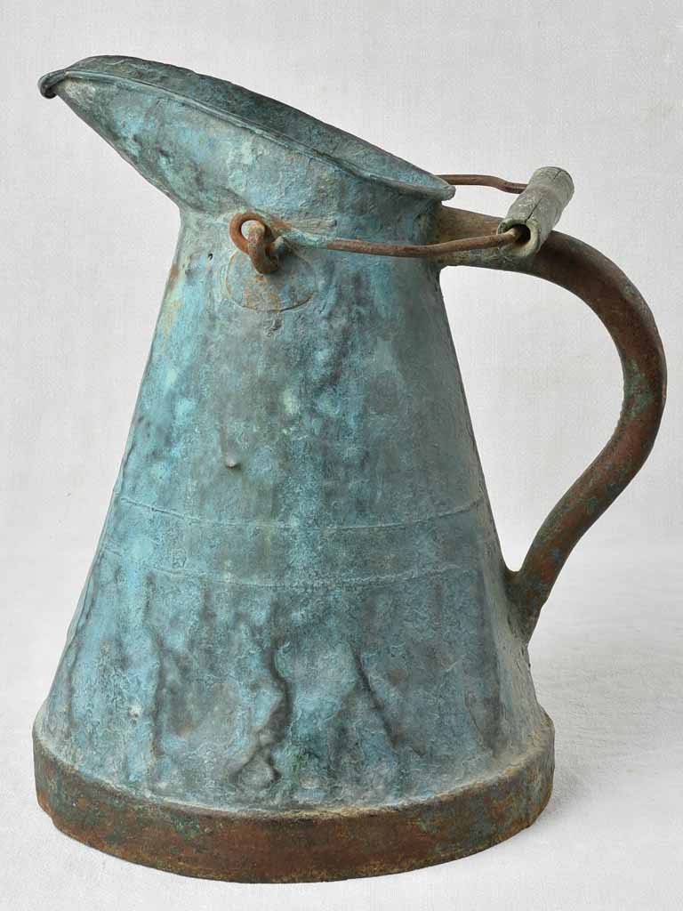 19th century copper pitcher w/ verdigris patina 16½"