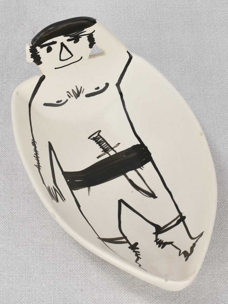 Ceramic coin bowl, man w/ sword, Vallauris 8¾"