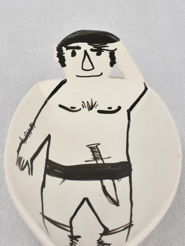 Ceramic coin bowl, man w/ sword, Vallauris 8¾"