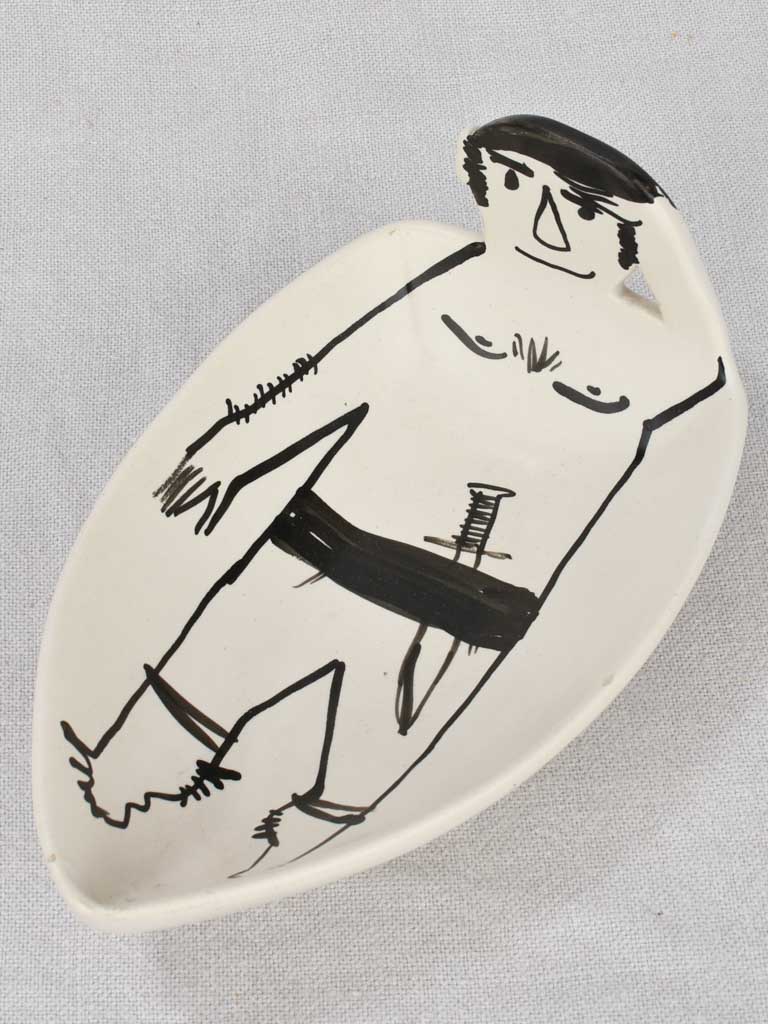 Ceramic coin bowl, man w/ sword, Vallauris 8¾"