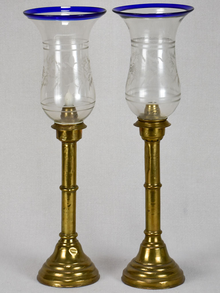 Antique French engraved candlesticks with shades
