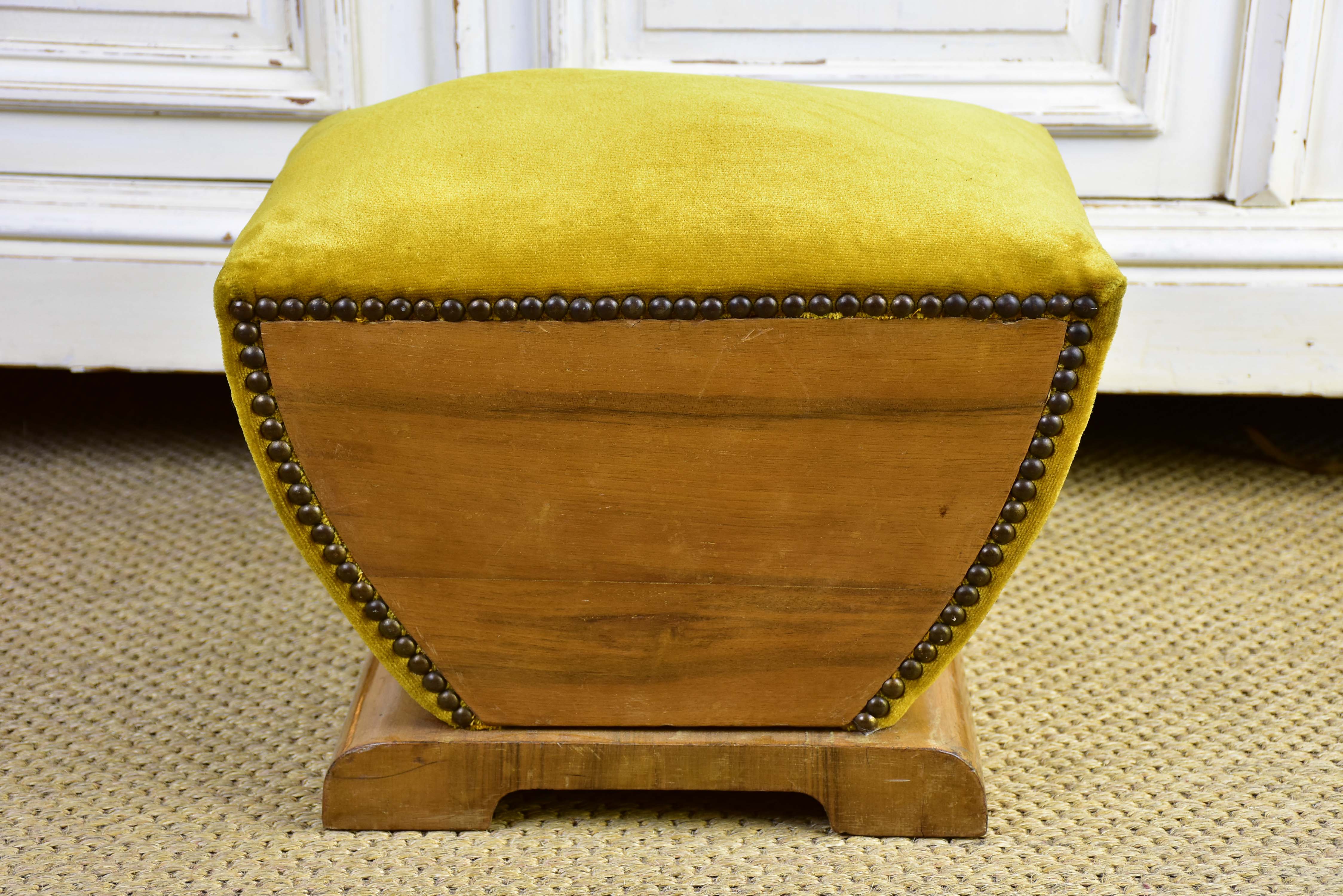 Antique footrest with mustard velvet upholstery