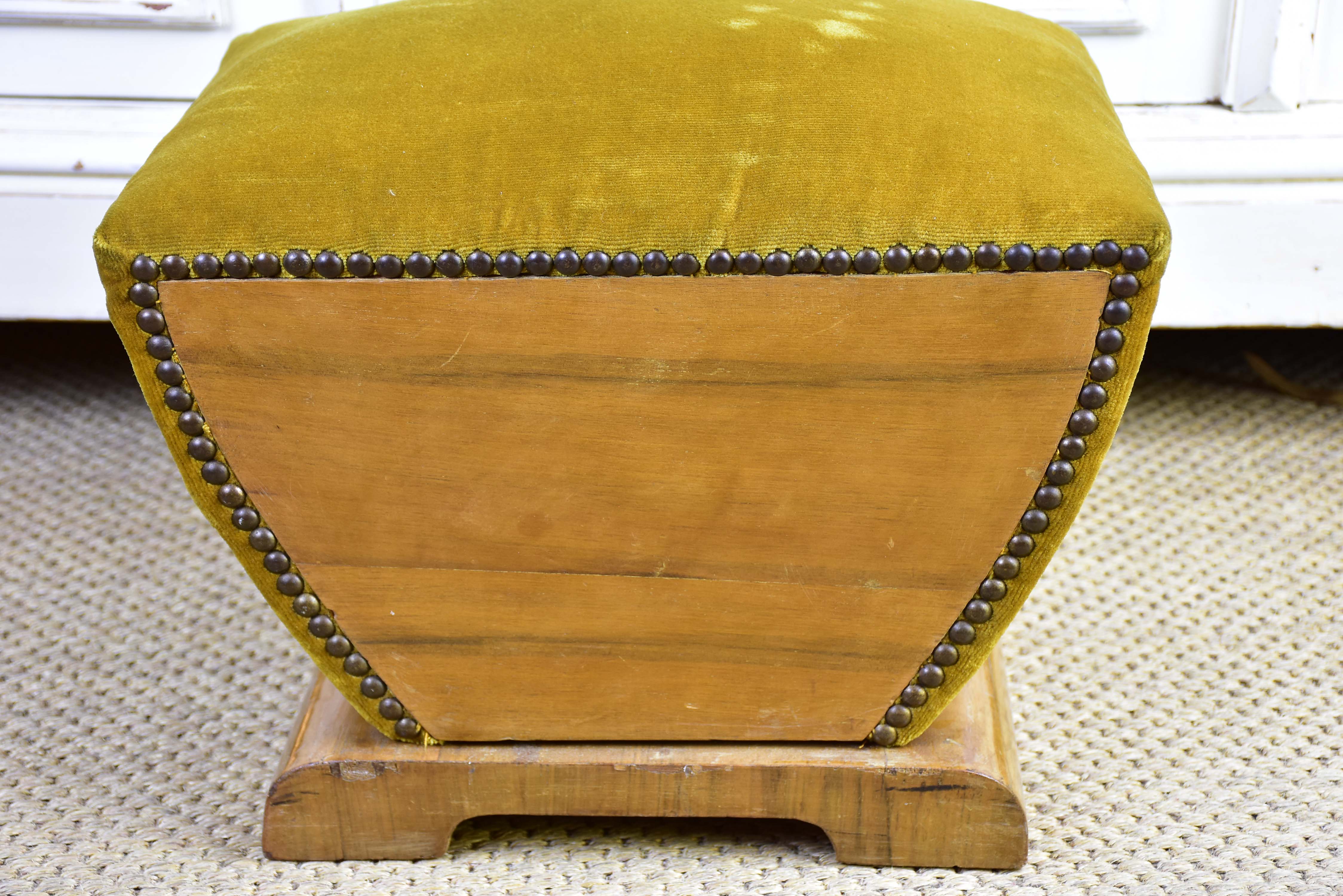 Antique footrest with mustard velvet upholstery